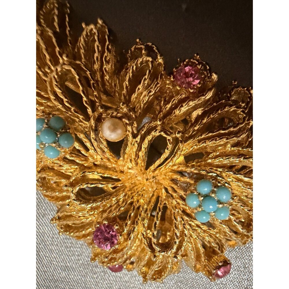 Vintage Gold Tone Abstract Floral Spray Brooch Pink Rhinestone Turquoise Cluster